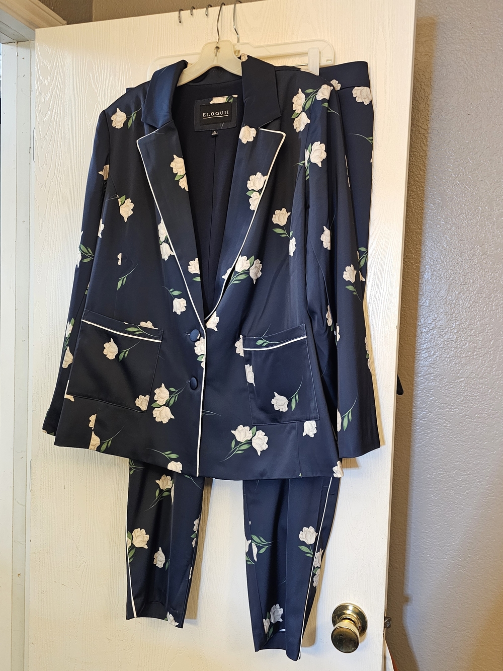 Eloquii Navy Floral Blazer and Pants Set with White Piping